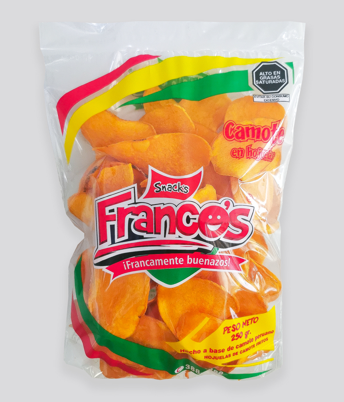 Empaque de hojuelas de camote Snacks Francos
